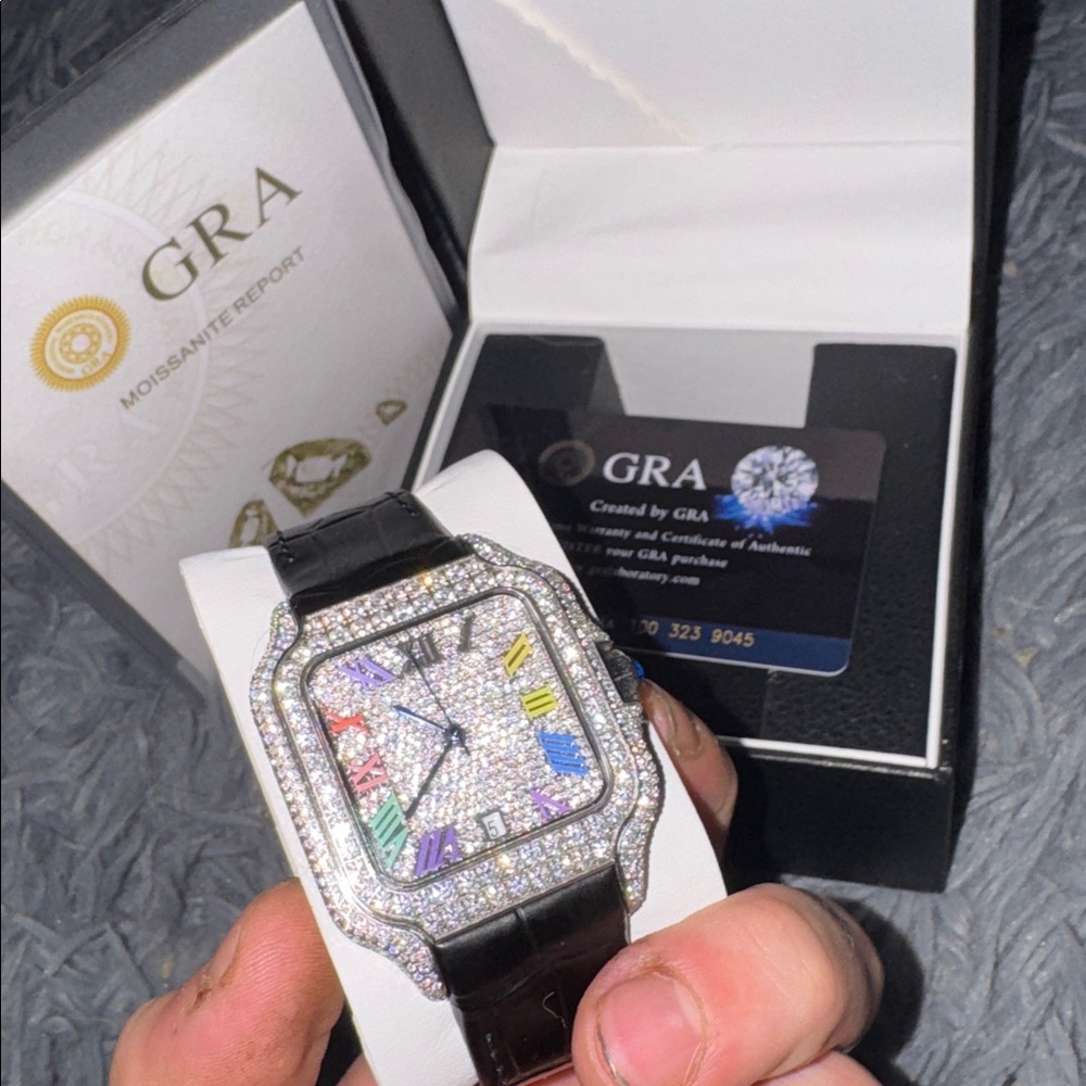 Iced out Silver and Black Mossinate just date Watch with leather band